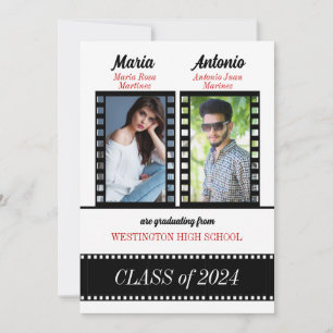 Twin Graduates Graduation Classic Film Theme Red Invitation