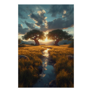 Twin Guardians – Golden Meadow Sunset Poster
