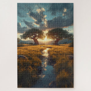 Twin Guardians – Golden Meadow Sunset Puzzle