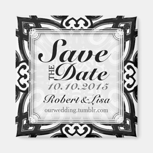Twin Hearts Black White Decor Save the Date Magnet (Front)