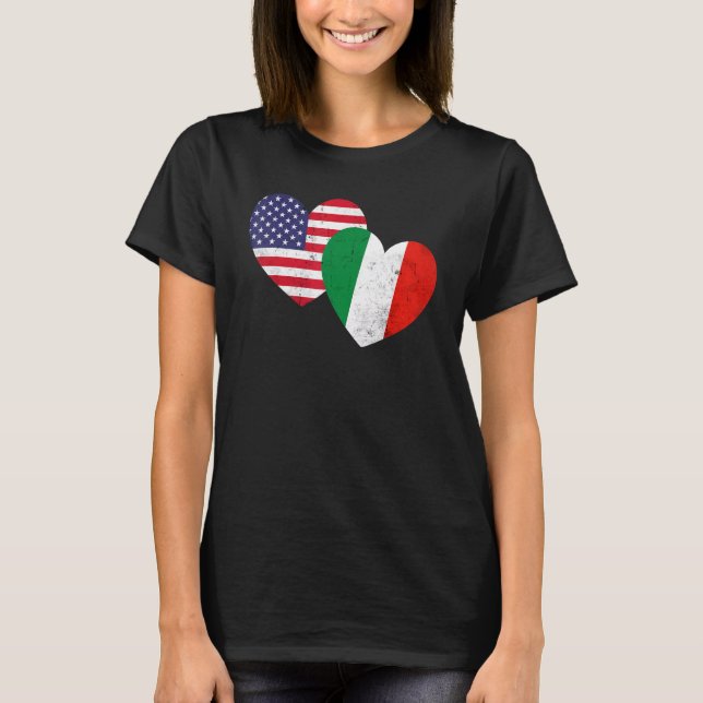 Twin Hearts Italy USA Flags Distressed for Italian T-Shirt (Front)