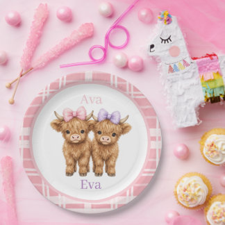 Twin Highland Cows Girls Birthday Party Paper Plate