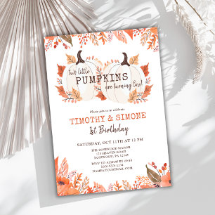 Twin Kids Floral Pumpkin Fall First Birthday Invitation