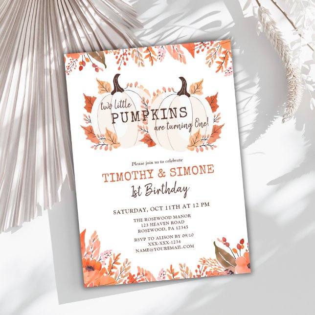 Twin Kids Floral Pumpkin Fall First Birthday Invitation (Creator Uploaded)