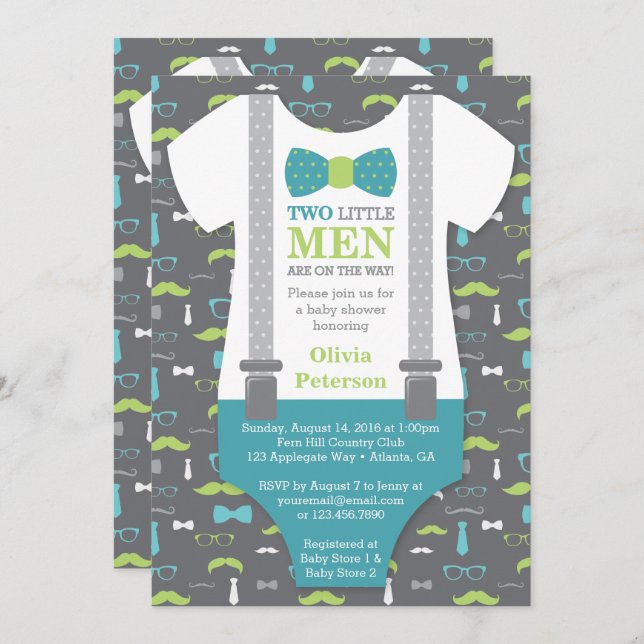 Twin Little Man Baby Shower Invitation, Teal Green Invitation (Front/Back)
