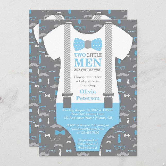 Twin Little Men Baby Shower Invitation, Baby Blue Invitation (Front/Back)