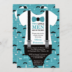 Twin Little Men Baby Shower Invitation, Teal Invitation
