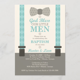 Twin Little Men Baptism Invitation, Ivory, Aqua Invitation