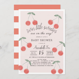 Twin Little Sweeties Cherries Pink Baby Shower Invitation