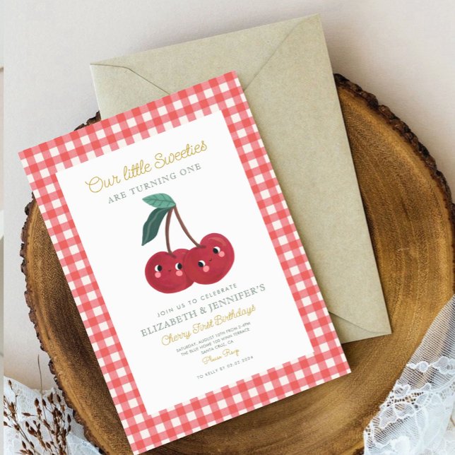 Twin little sweeties Cherry First Birthday  Invitation (Creator Uploaded)