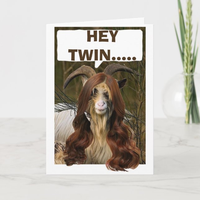 TWIN-LONGHAIRED GOAT IN LONGHAIRED WIG BIRTHDAY CARD (Front)