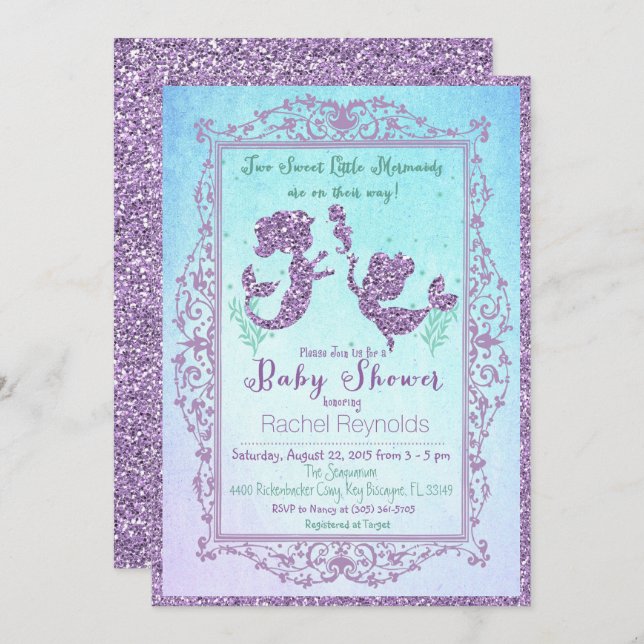 TWIN Mermaid Under the Sea Baby Shower Invitation (Front/Back)