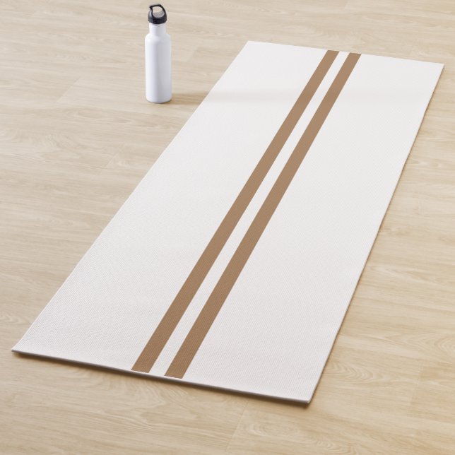 Twin Mocha Brown Centre Racing Stripes On White Yoga Mat (In Situ)