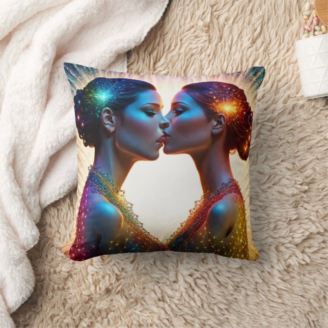 Twin Models Kissing With Colourful Sparkles Cushion (Blanket)