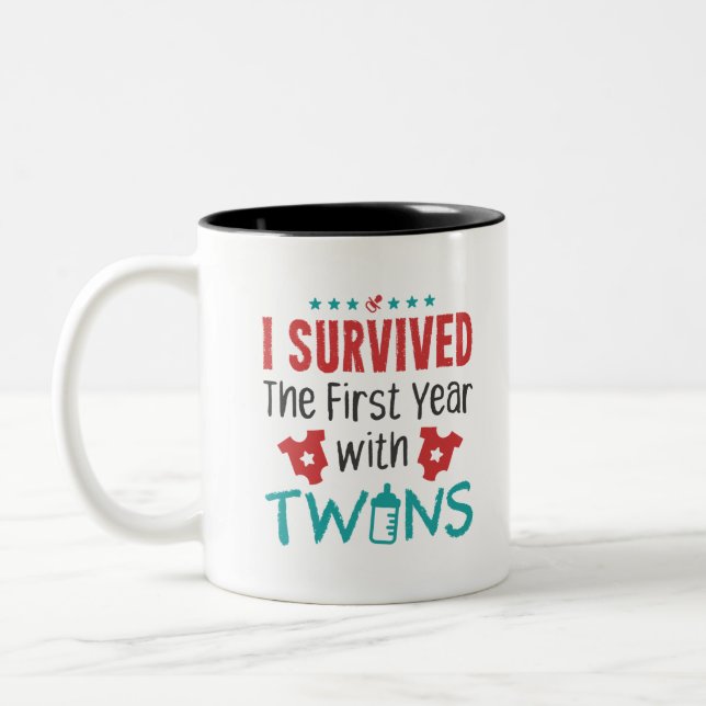 Twin Mom I Survived The First Year With Twins Two-Tone Coffee Mug (Left)