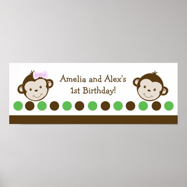 Twin Monkey Boy and Girl Birthday Banner Poster (Front)