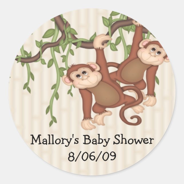 Twin Monkeys Baby Shower Classic Round Sticker (Front)