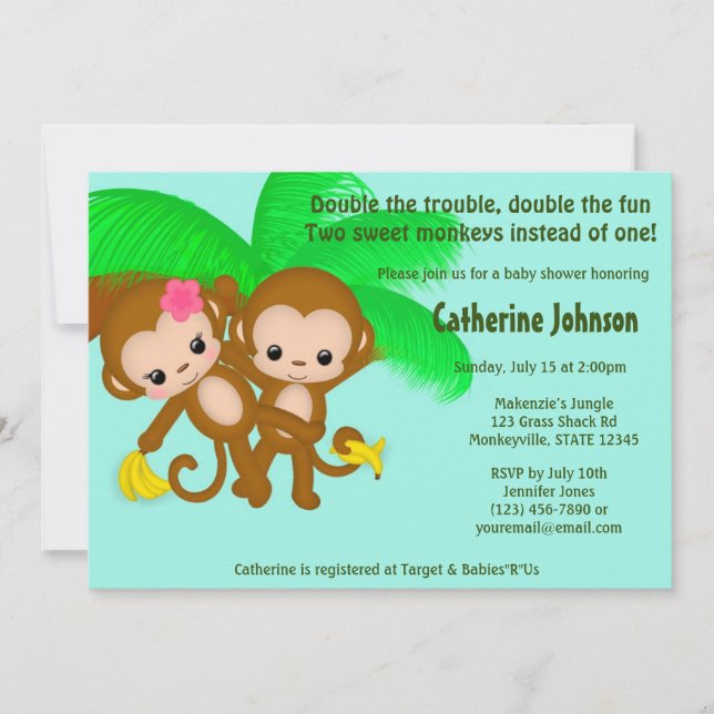 TWIN Monkeys Baby Shower Invitations BOY GIRL (Front)