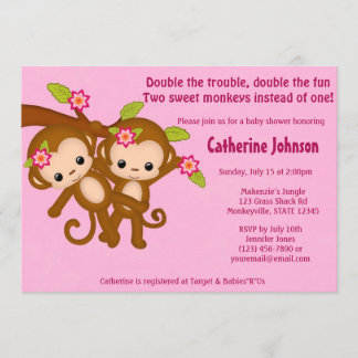 TWIN Monkeys Baby Shower Invitations PINK MM2