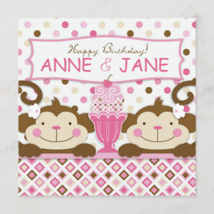 Twin Monkeys & Ice Cream Sundae Birthday Card