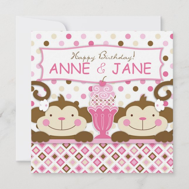 Twin Monkeys & Ice Cream Sundae Birthday Card (Front)