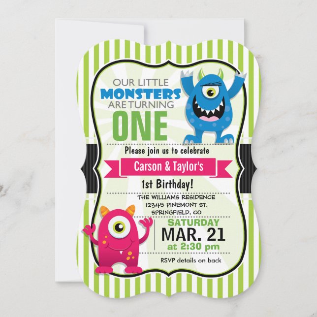 Twin Monsters Birthday Party Invitation (Front)