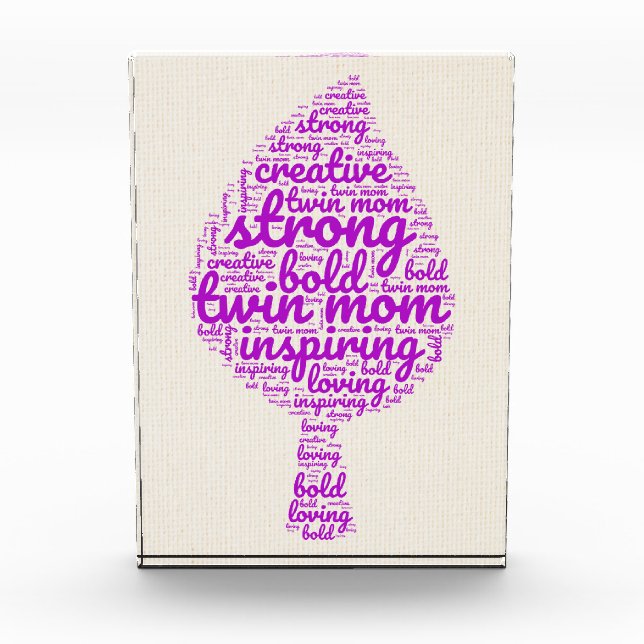 Twin Mum Leaf Shaped Word Cloud in Pink Photo Block (Front)