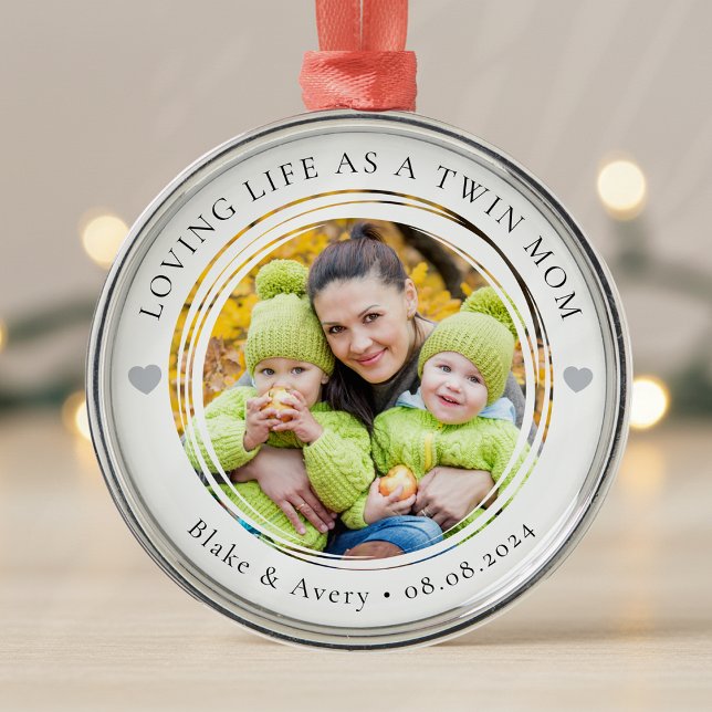 Twin Mum Photo Keepsake Hearts Metal Ornament (Creator Uploaded)
