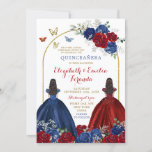 Twin Navy Blue Red Rose Princesses Quinceañera Invitation<br><div class="desc">Twin Navy Blue Red Rose Princesses Quinceañera Invitation</div>