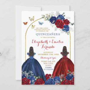 Twin Navy Blue Red Rose Princesses Quinceañera Invitation