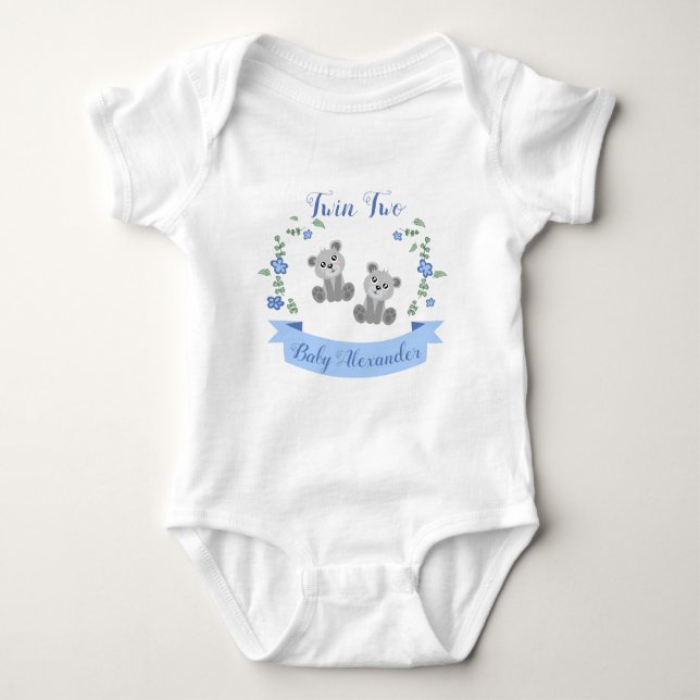 Twin one cute bear custom name and number baby bodysuit (Front)