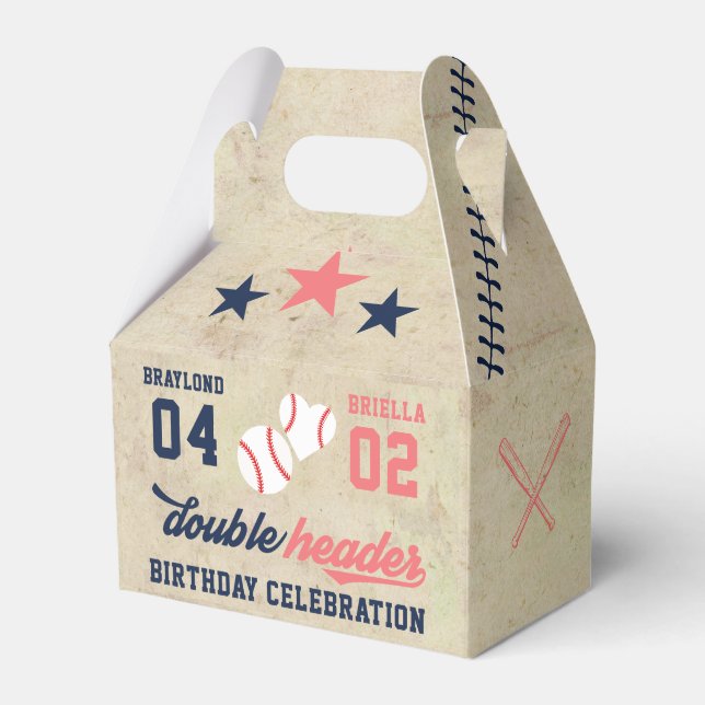 Twin or Sibling Baseball Double Header Birthday  Favour Box (Front Side)