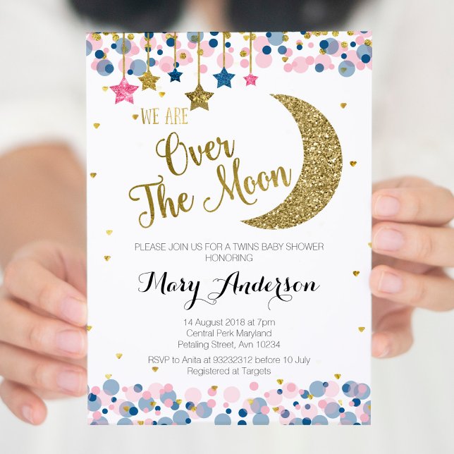 Twin Over the Moon Baby Shower Invitation (Creator Uploaded)