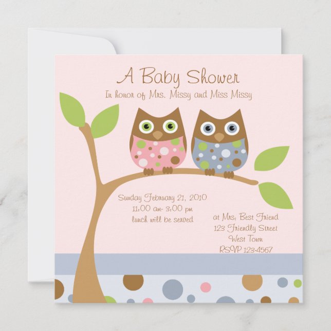 Twin Owl Baby Shower Invitation (Front)