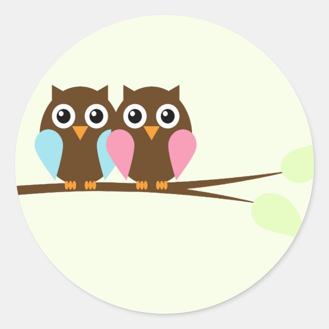 Twin Owls Baby Shower Stickers (Front)