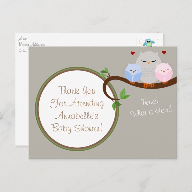 Twin Owls Boy & Girl Thank You Postcard (Front/Back)