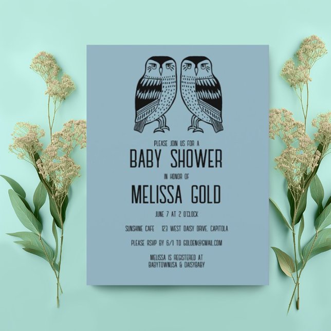 Twin Owls Cute Simple Chic BABY SHOWER CUSTOM Invitation Postcard (Cute twin owls decorate this custom baby shower invitation postcard. Add your own text)