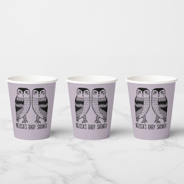 Twin Owls Cute Simple Chic CUSTOM BABY SHOWER Paper Cups (Multi)