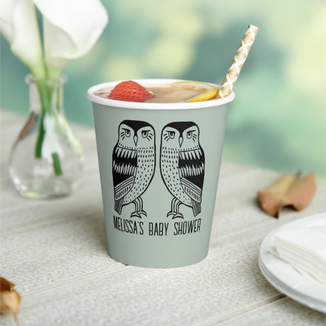 Twin Owls Cute Simple Chic CUSTOM BABY SHOWER Paper Cups (Insitu)