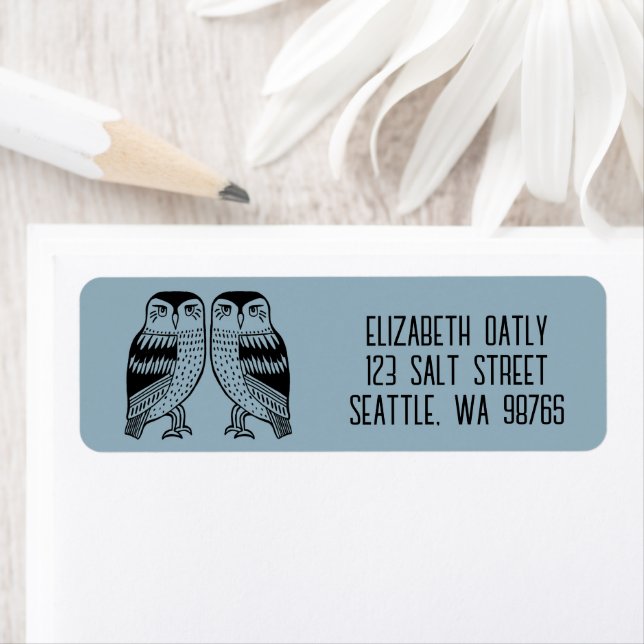 Twin Owls Line Drawing Cute CUSTOM Return Address Label (Insitu)