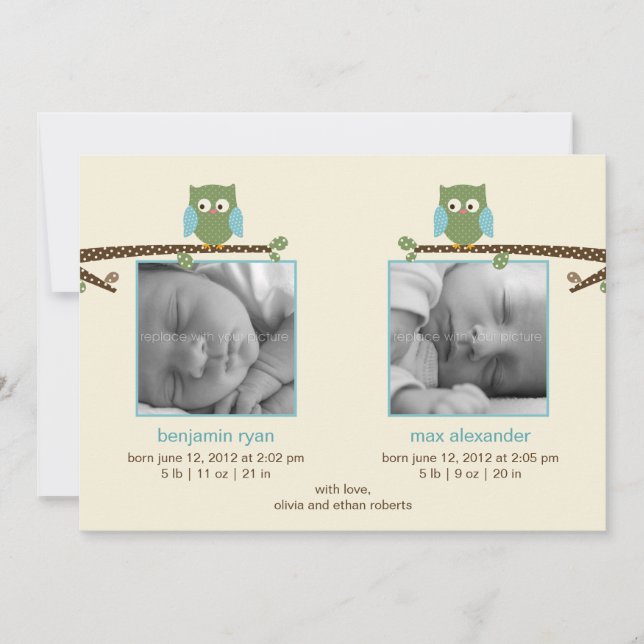 Twin Owls (Twin Boys) Birth Announcements (Front)