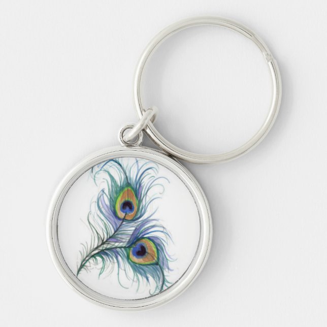 Twin Peacock Feather Pencil Drawing Keychain (Front)