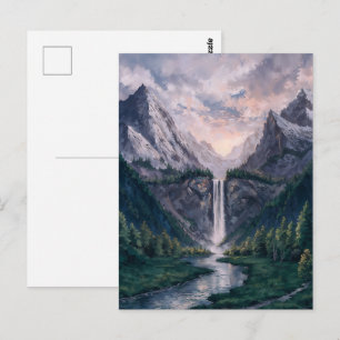 Twin Peak Falls - Serene Painterly Landscape Style Postcard