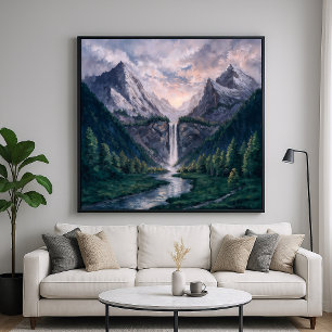 Twin Peak Falls - Serene Painterly Landscape Style Poster