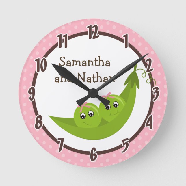 Twin Peas in a Pod Pink Polka Personalised Clock (Front)