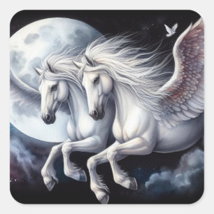 Twin Pegasus Flying in Front of the Moon Square Sticker