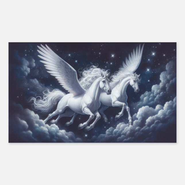 Twin Pegasus Flying through the Night Sky Rectangular Sticker (Front)
