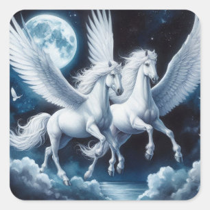 Twin Pegasus Flying with the Moon Behind Them Square Sticker