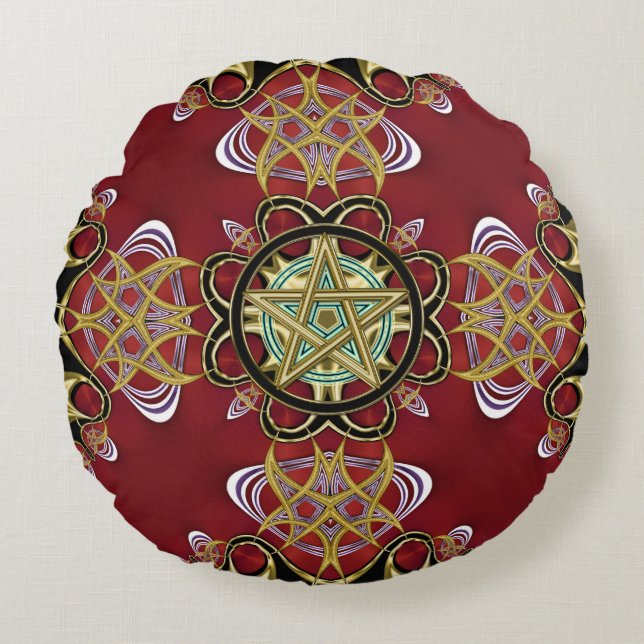 Twin Pentacle Symbol Endless Passion Red Gold Round Cushion (Front)