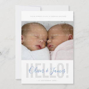 TWIN PHOTO BIRTH ANNOUNCEMENT hello blue baby boys